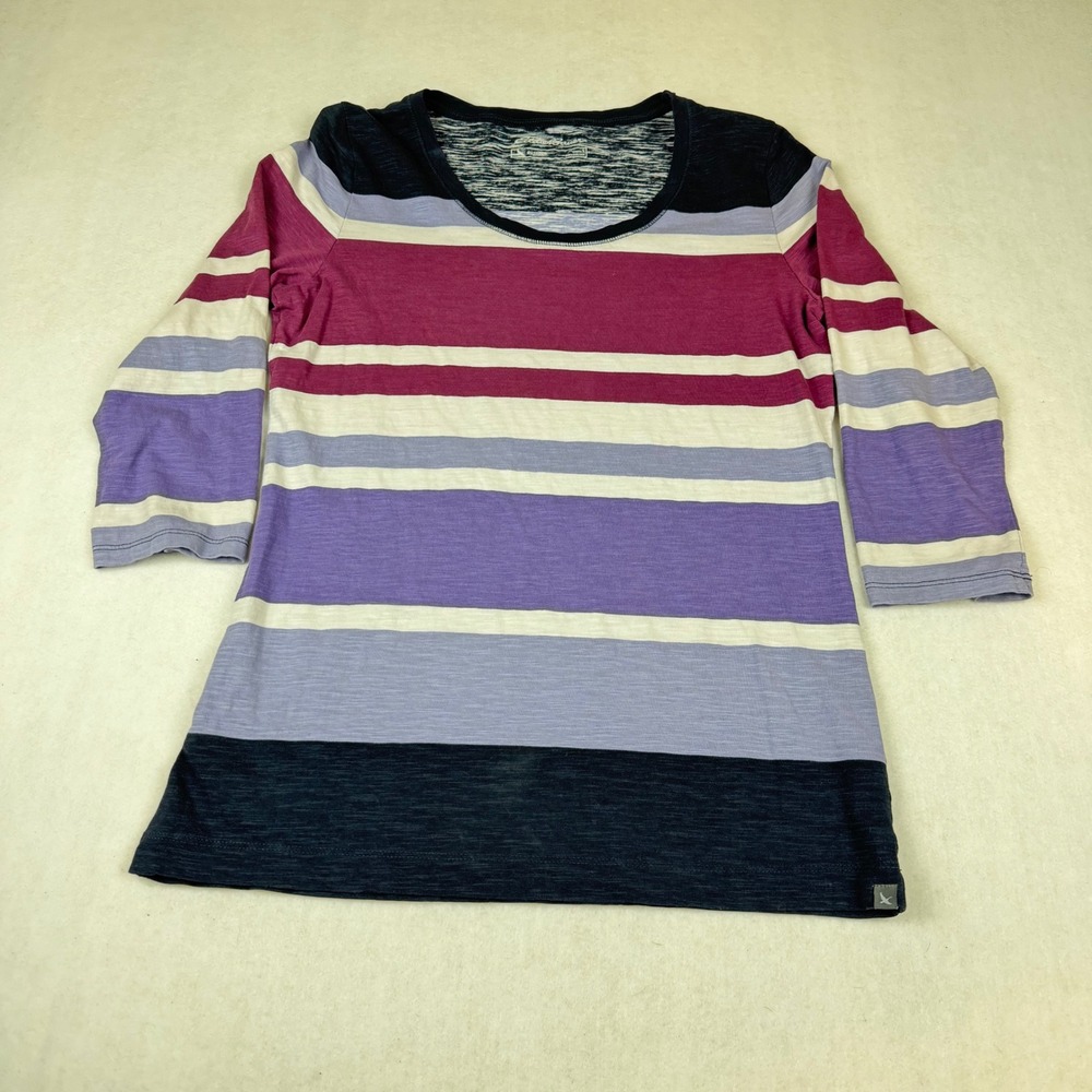 Eddie Bauer Womens Striped 3/4 Sleeve Cotton Slub Knit T-Shirt Purple Navy S